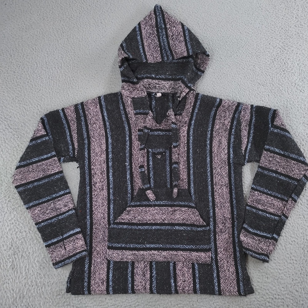 Earthbound Hoodie Men Small Pink Gray Striped Molina Mexican Baja Pullover EXCL